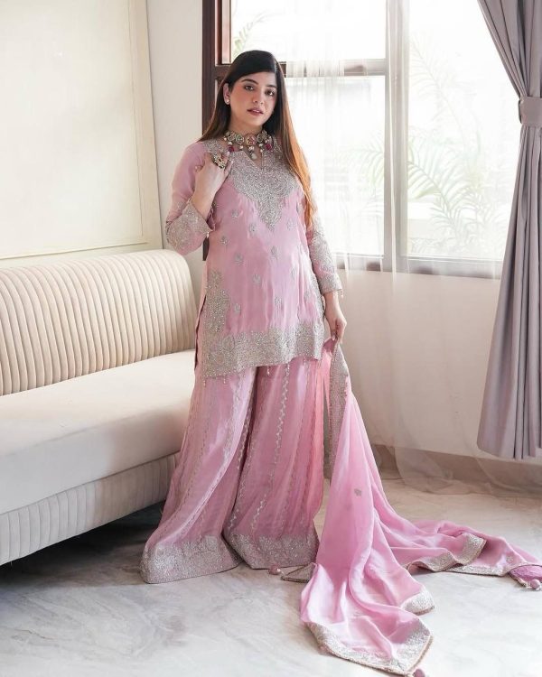 Pink Chinon Sequence Rivet Moti Salwar Suit - Image 3