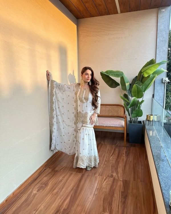 White Chinon Silk Embroidery Sequence Work Salwar Suit - Image 6