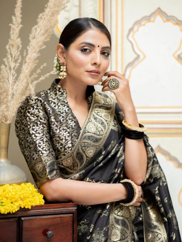 Black Soft Litchi Silk All Over Weaving Saree - Image 2