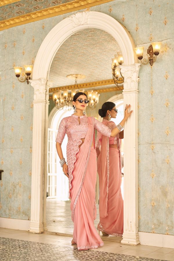 Peach Chinon Embroidery Work Lace Border Saree - Image 8