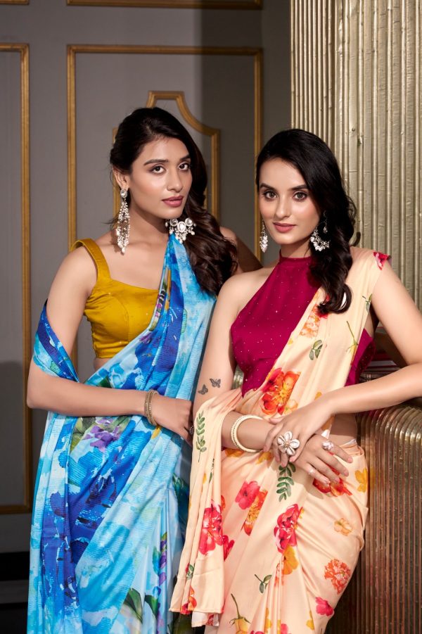 Gorgeous Cream Color Satin Silk Printed Saree