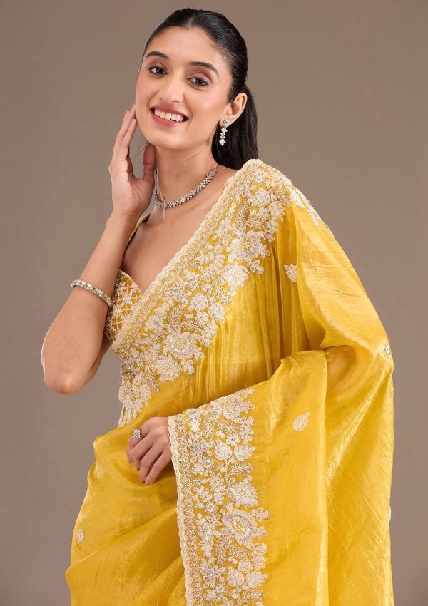 Yellow Gold Crush Sequins Work Border Saree - Image 2