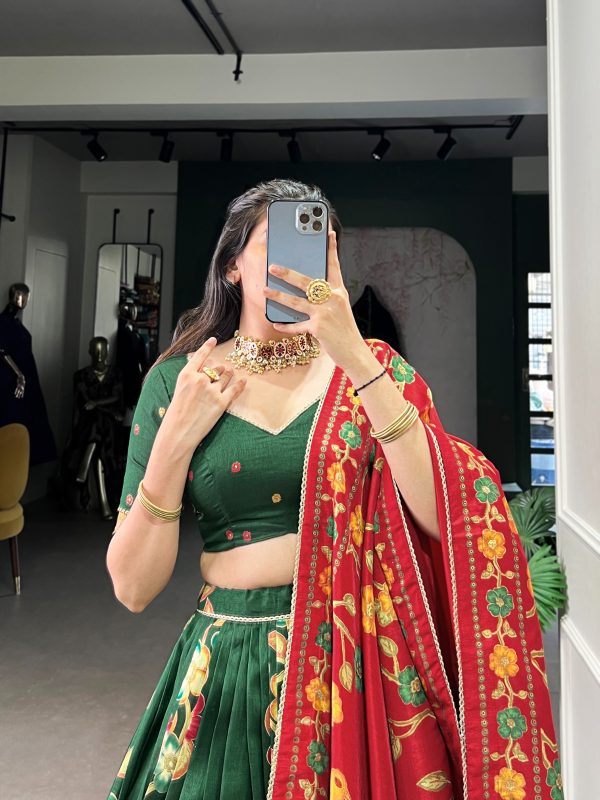 Green Tushar Silk Printed Foil Work Lehenga Choli - Image 3