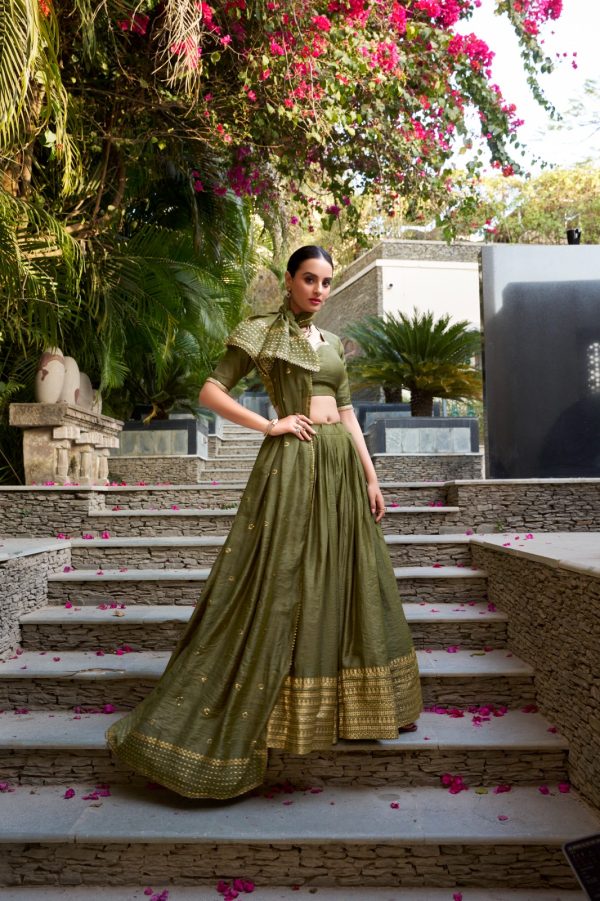 Mehndi Chanderi Plain With Zari Weaving Work Border Lehenga Choli