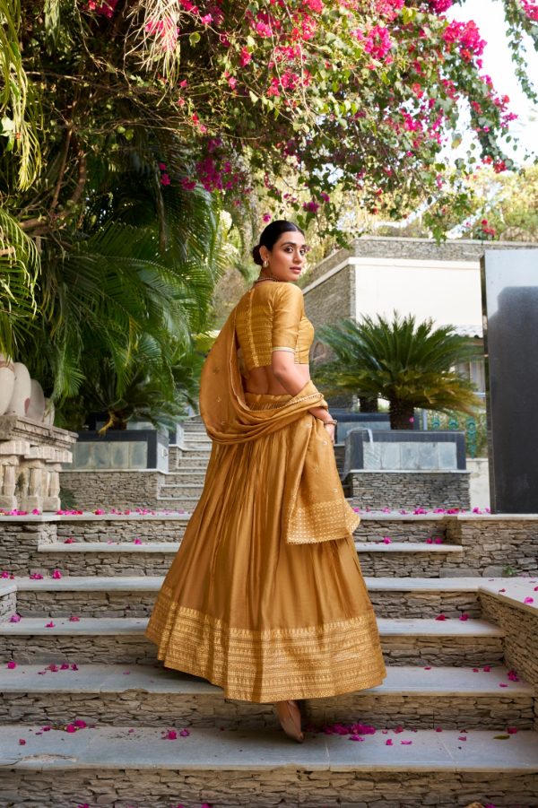 Mustard Chanderi Plain With Zari Weaving Work Border Lehenga Choli