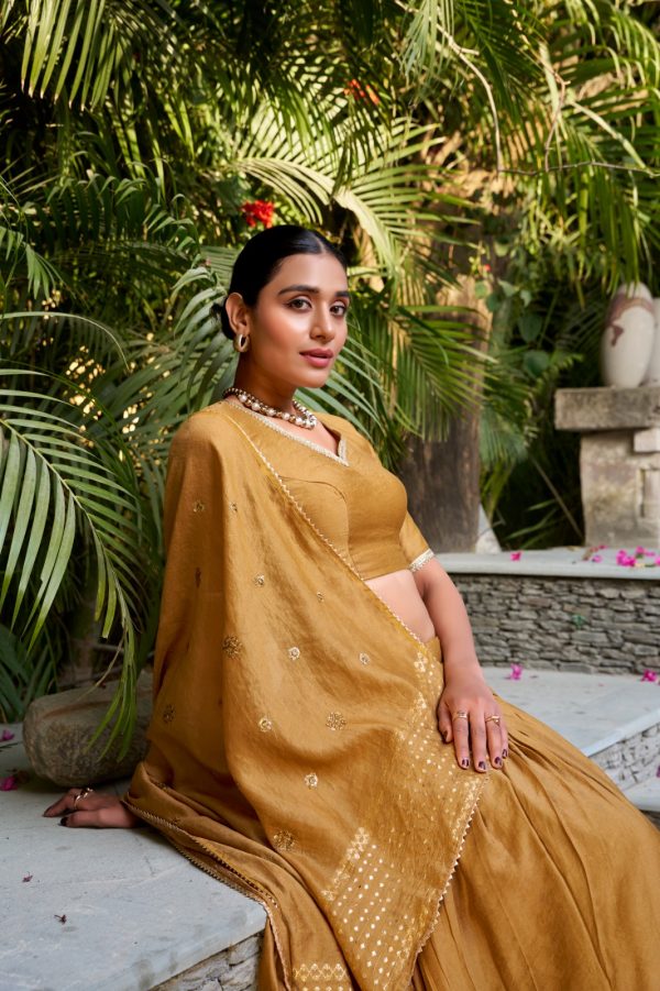 Mustard Chanderi Plain With Zari Weaving Work Border Lehenga Choli