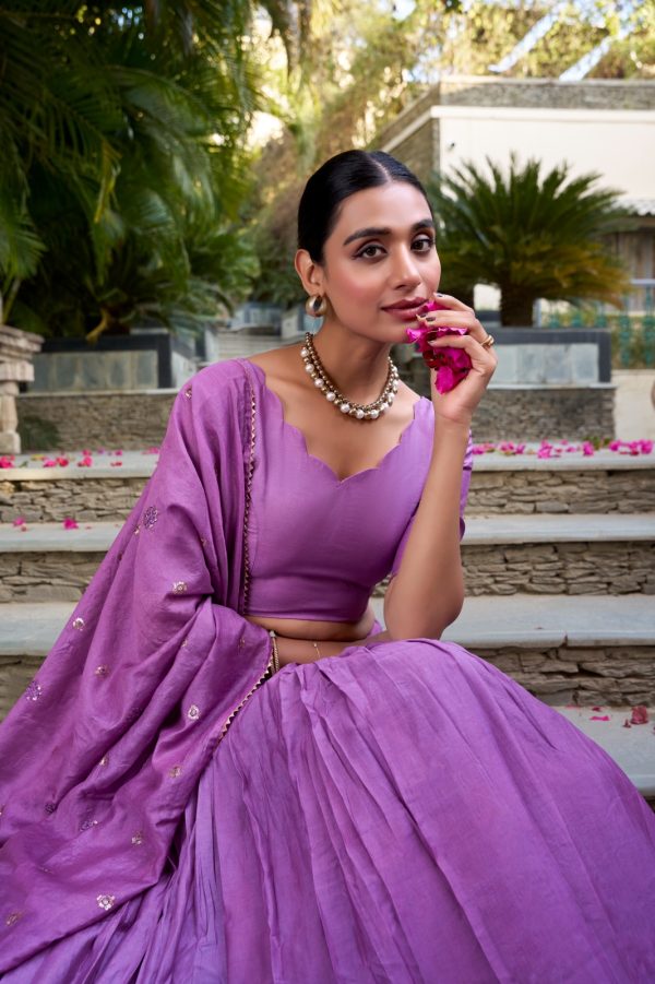 Purple Chanderi Plain With Zari Weaving Work Border Lehenga Choli