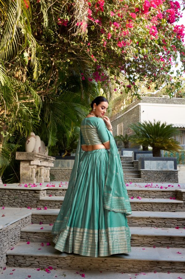 Sea Green Chanderi Plain With Zari Weaving Work Border Lehenga Choli