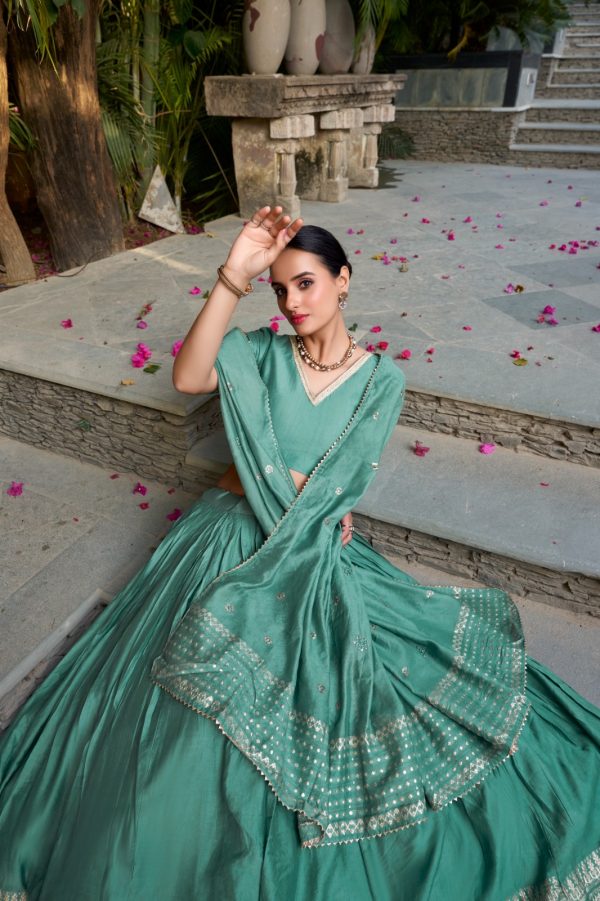 Sea Green Chanderi Plain With Zari Weaving Work Border Lehenga Choli
