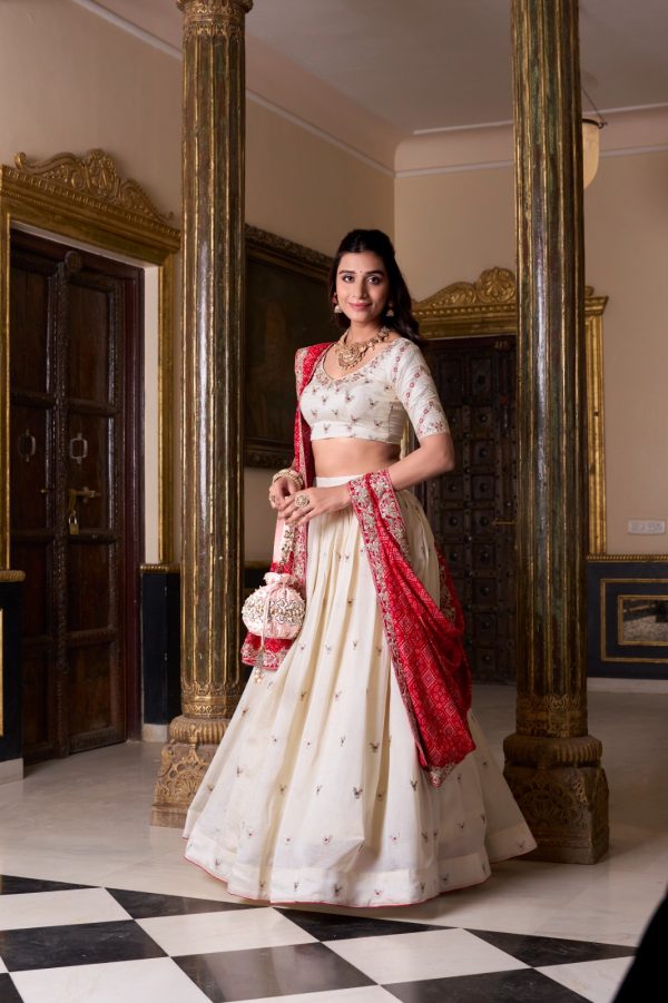 Off White Vichitra Silk Sequins Lehenga Choli