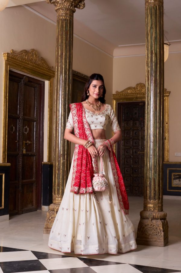 Off White Vichitra Silk Sequins Lehenga Choli