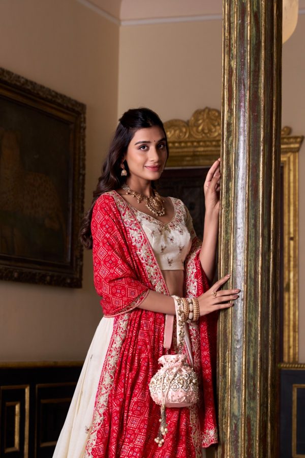 Off White Vichitra Silk Sequins Lehenga Choli