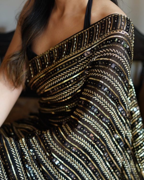 DF 3451 Black Color Faux Georgette 5mm Sequence Embroidery Work Saree Casual, Wedding, Festive, Events . Expected Delivery  4-6 Working Days @1799/- only                                                 | Sarees, Bollywood Sarees, Creative Sarees, Designer Sarees, Embroidered Sarees, Ethnic Saree, Modern Digital sarees, Party Wear Sarees