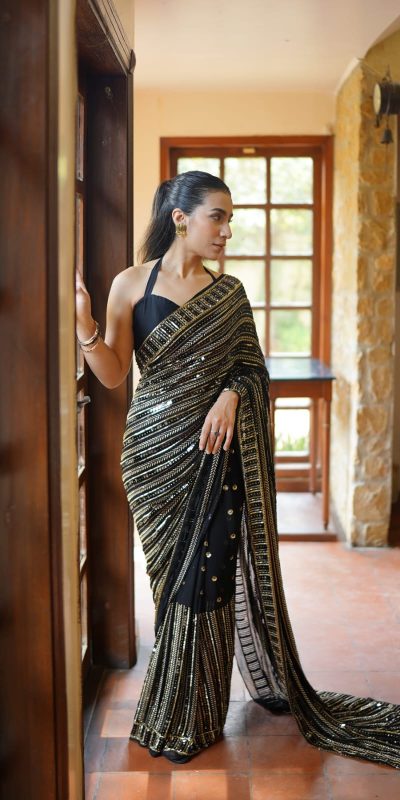 DF 3451 Black Color Faux Georgette 5mm Sequence Embroidery Work Saree Casual, Wedding, Festive, Events . Expected Delivery  4-6 Working Days @1799/- only                                                 | Sarees, Bollywood Sarees, Creative Sarees, Designer Sarees, Embroidered Sarees, Ethnic Saree, Modern Digital sarees, Party Wear Sarees
