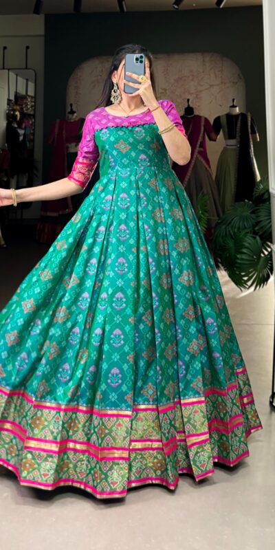 YNF 5308 Firozi Color Jacquard Silk Patola Print Zari Weaving Work Gown Casual, Wedding, Festive, Events . Expected Delivery 4-6 Working Days @2149/- only | Gowns, Bollywood Gowns, Creative Gowns, Designer Gowns, Embroidered Gowns, Party Wear Gowns