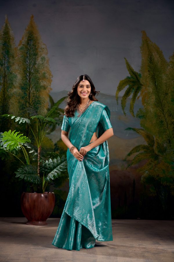 YNF 7404 Firozi Color Kanjivaram Zari Weaving Work Saree Casual, Wedding, Festive, Events . Expected Delivery  4-6 Working Days @1599/- only                                | Sarees, Bollywood Sarees, Creative Sarees, Designer Sarees, Embroidered Sarees, Ethnic Saree, Modern Digital sarees, Party Wear Sarees