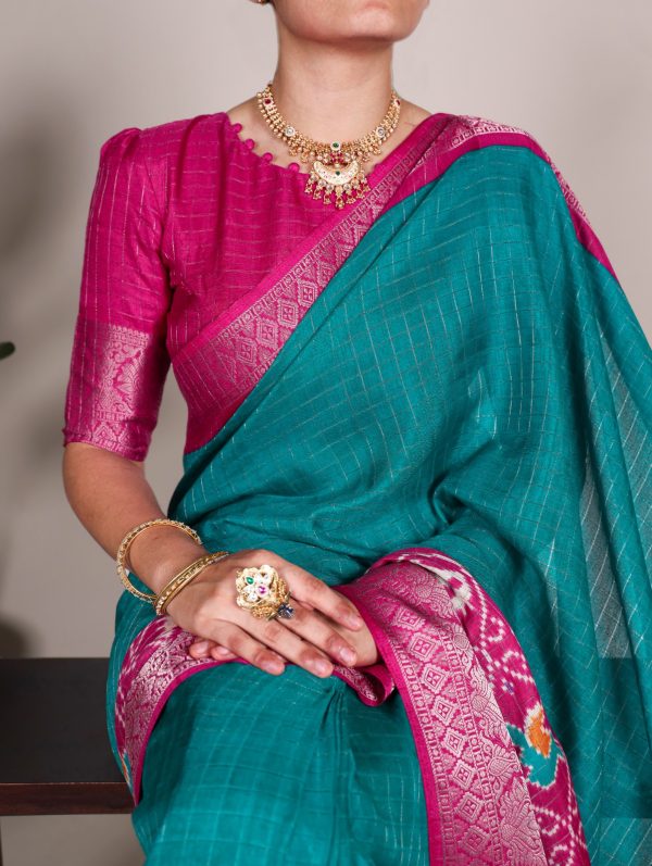 YNF 7029 Firozi Color Tussar Chex Patola Print Weaving Work Border Saree Casual, Wedding, Festive, Events . Expected Delivery  4-6 Working Days @1499/- only                                | Sarees, Bollywood Sarees, Creative Sarees, Designer Sarees, Embroidered Sarees, Ethnic Saree, Modern Digital sarees, Party Wear Sarees