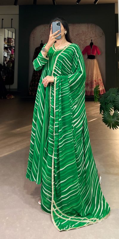 YNF 5026 Green Color Georgette Leheriya Georgette With Lace Touch Up Gown Casual, Wedding, Festive, Events . Expected Delivery  4-6 Working Days @1799/- only      | Gowns, Bollywood Gowns, Creative Gowns, Designer Gowns, Embroidered Gowns, Party Wear Gowns