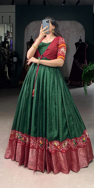 YNF 5028 Green Color Tasar Chex Patola With Weaving Work Border Gown Casual, Wedding, Festive, Events . Expected Delivery  4-6 Working Days @1799/- only      | Gowns, Bollywood Gowns, Creative Gowns, Designer Gowns, Embroidered Gowns, Party Wear Gowns