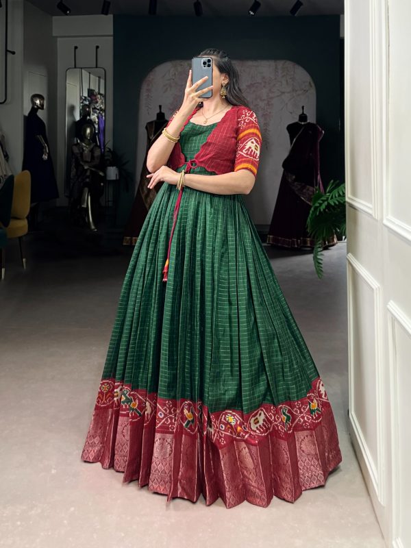 YNF 5028 Green Color Tasar Chex Patola With Weaving Work Border Gown Casual, Wedding, Festive, Events . Expected Delivery  4-6 Working Days @1799/- only      | Gowns, Bollywood Gowns, Creative Gowns, Designer Gowns, Embroidered Gowns, Party Wear Gowns