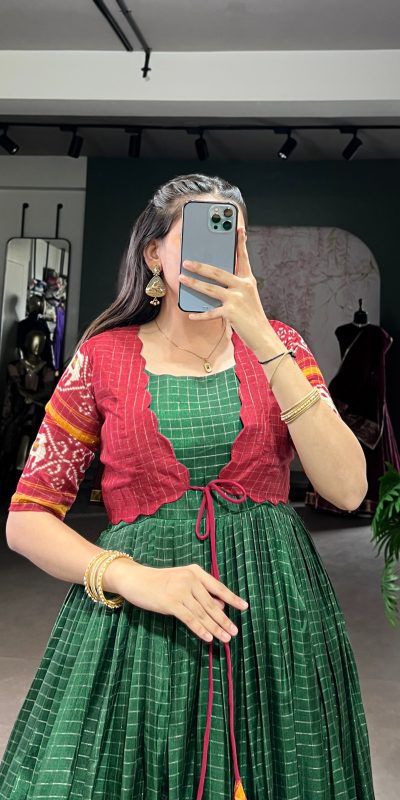 YNF 5028 Green Color Tasar Chex Patola With Weaving Work Border Gown Casual, Wedding, Festive, Events . Expected Delivery  4-6 Working Days @1799/- only      | Gowns, Bollywood Gowns, Creative Gowns, Designer Gowns, Embroidered Gowns, Party Wear Gowns
