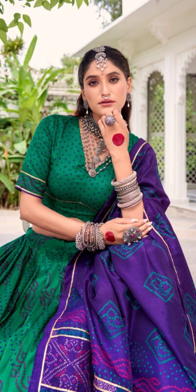 LNB 1250 Green Color Tasar Silk Bandhej Print With Gotta Patti Lace Lehenga Choli Festive Party Wedding, Events etc. Delivery 4-6 Working Days @2149/- | Lehenga, Bollywood Lehenga, Creative Lehenga, Designer Lehenga, Embroidered Lehenga, Party Wear Lehenga