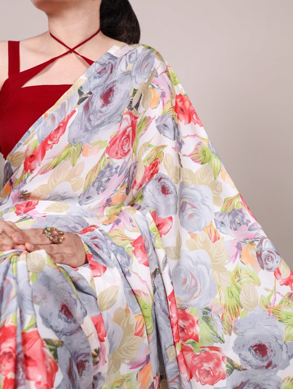 YNF 7017 Grey Color Dull Satin Floral Printed Saree Casual, Wedding, Festive, Events . Expected Delivery  4-6 Working Days @1499/- only                                                                                | Sarees, Bollywood Sarees, Creative Sarees, Designer Sarees, Embroidered Sarees, Ethnic Saree, Modern Digital sarees, Party Wear Sarees