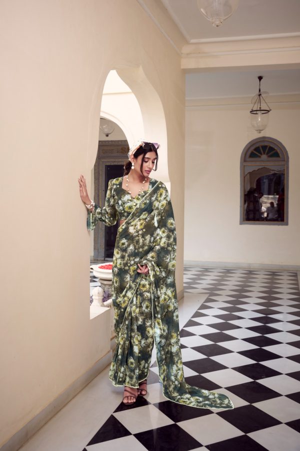 YNF 7042 Mehandi Color Weightless Marbal Floral Printed Lace Border Saree Casual, Wedding, Festive, Events . Expected Delivery  4-6 Working Days @1549/- only                                                                                | Sarees, Bollywood Sarees, Creative Sarees, Designer Sarees, Embroidered Sarees, Ethnic Saree, Modern Digital sarees, Party Wear Sarees