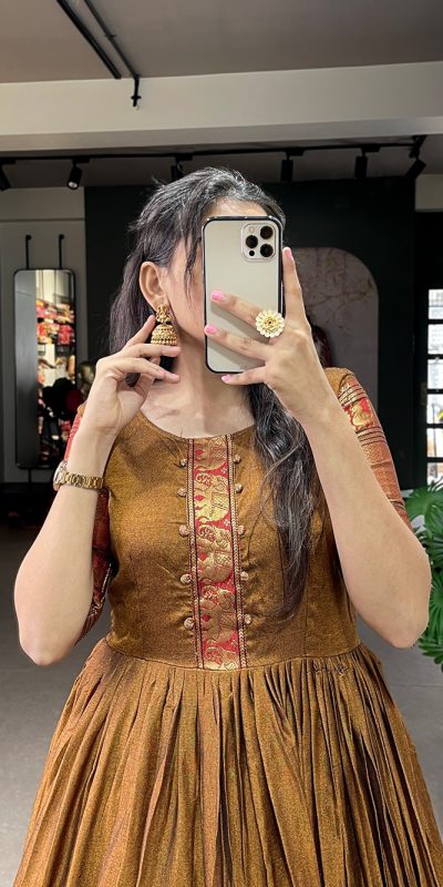 YNF 5316 Mustard Color Narayan pet (cotton) Zari weaving work Gown Casual, Wedding, Festive, Events . Expected Delivery  4-6 Working Days @1799/- only      | Gowns, Bollywood Gowns, Creative Gowns, Designer Gowns, Embroidered Gowns, Party Wear Gowns