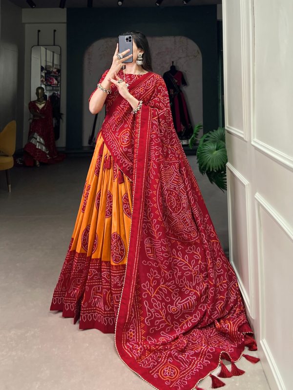LNB 1229 Mustard Color Tasar Silk Bandhej Print Lehenga Choli Wedding, Party, Festive, Events Etc. Delivery 4-6 Working Days Rs 2249 | Lehenga, Bollywood Lehenga, Creative Lehenga, Designer Lehenga, Embroidered Lehenga, Party Wear Lehenga