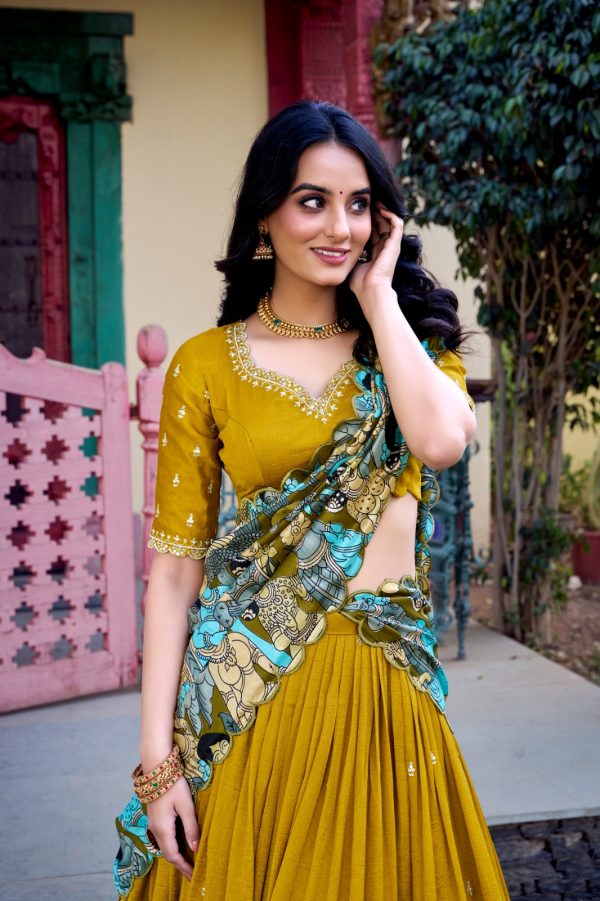 LNB 1237 Mustard Color Vichitra Sequins and Embroidery Work Kalamkari Lehenga Choli Wedding, Party, Festive, Events Etc. Delivery 4-6 Working Days Rs 3299 | Lehenga, Bollywood Lehenga, Creative Lehenga, Designer Lehenga, Embroidered Lehenga, Party Wear Lehenga