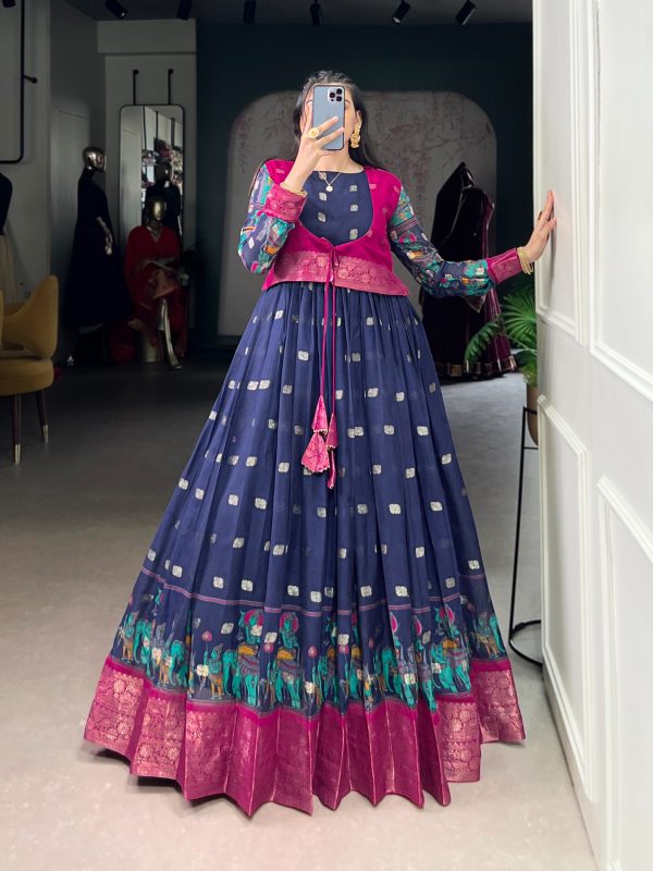 YNF 5031 Navy Blue Color Cotton Kalamkari Print Zari Weaving Work Gown Casual, Wedding, Festive, Events . Expected Delivery  4-6 Working Days @1999/- only      | Gowns, Bollywood Gowns, Creative Gowns, Designer Gowns, Embroidered Gowns, Party Wear Gowns