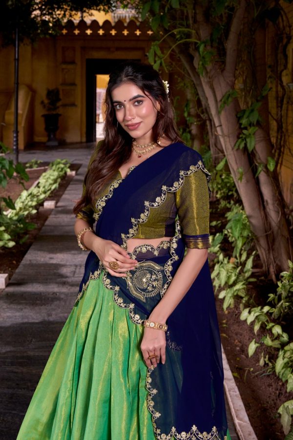 LNB 2009 Navy Blue Elevate your style with the Navy Blue Kanchipuram Weaving Lehenga Choli, featuring stunning zari work and a comfortable drawstring fit. | Lehenga, Bollywood Lehenga, Creative Lehenga, Designer Lehenga, Embroidered Lehenga, Party Wear Lehenga