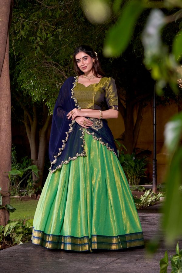 LNB 2009 Navy Blue Elevate your style with the Navy Blue Kanchipuram Weaving Lehenga Choli, featuring stunning zari work and a comfortable drawstring fit. | Lehenga, Bollywood Lehenga, Creative Lehenga, Designer Lehenga, Embroidered Lehenga, Party Wear Lehenga