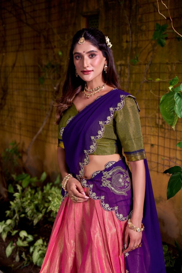 LNB 2009 Navy Blue Elevate your style with the Navy Blue Kanchipuram Weaving Lehenga Choli, featuring stunning zari work and a comfortable drawstring fit. | Lehenga, Bollywood Lehenga, Creative Lehenga, Designer Lehenga, Embroidered Lehenga, Party Wear Lehenga