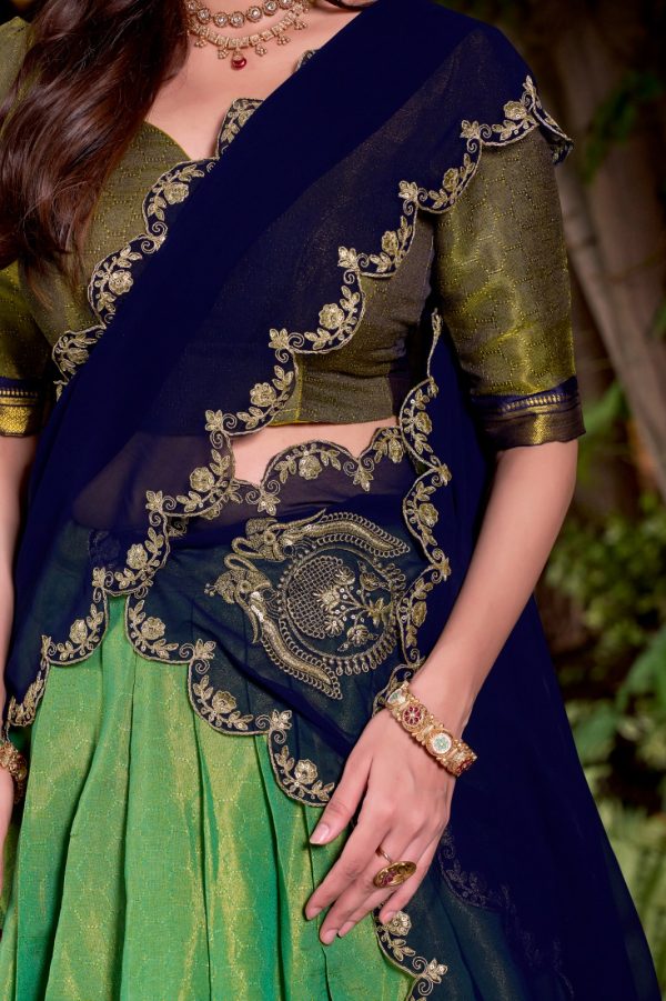 LNB 2009 Navy Blue Elevate your style with the Navy Blue Kanchipuram Weaving Lehenga Choli, featuring stunning zari work and a comfortable drawstring fit. | Lehenga, Bollywood Lehenga, Creative Lehenga, Designer Lehenga, Embroidered Lehenga, Party Wear Lehenga