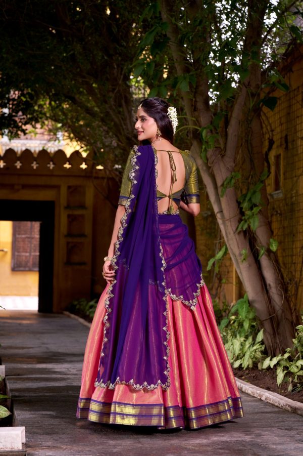 LNB 2009 Navy Blue Elevate your style with the Navy Blue Kanchipuram Weaving Lehenga Choli, featuring stunning zari work and a comfortable drawstring fit. | Lehenga, Bollywood Lehenga, Creative Lehenga, Designer Lehenga, Embroidered Lehenga, Party Wear Lehenga