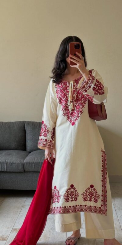 BE 386 Off White Color Roman Silk Embroidery Work Salwar Suit Casual, Wedding, Festive, Events . Expected Delivery 4-6 Working Days @1899/- only | Jump Suits, Salwar suit, Casual Suits, Creative suits, Designer Suits, Palazzo Suits, Party Wear Suits, Patiala Suits, Straight Suits