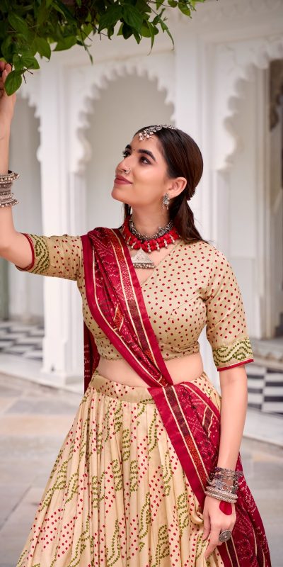 LNB 1250 Off White Color Tasar Silk Bandhej Print With Gotta Patti Lace Lehenga Choli Festive Party Wedding, Events etc. Delivery 4-6 Working Days @2149/- | Lehenga, Bollywood Lehenga, Creative Lehenga, Designer Lehenga, Embroidered Lehenga, Party Wear Lehenga