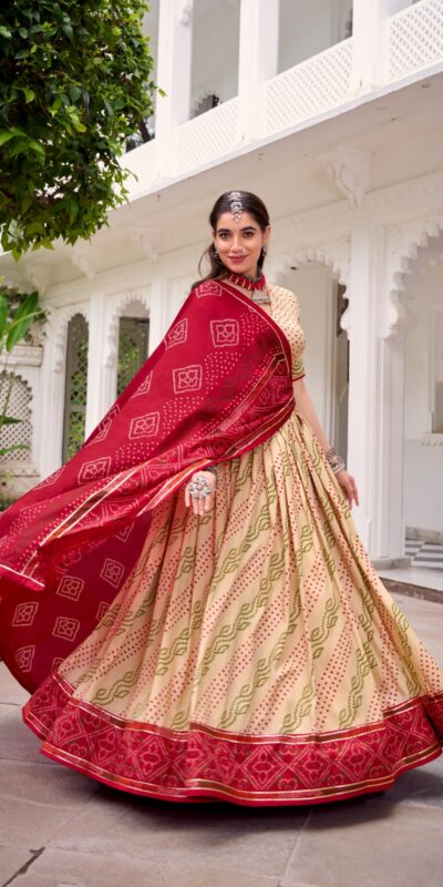 LNB 1250 Off White Color Tasar Silk Bandhej Print With Gotta Patti Lace Lehenga Choli Festive Party Wedding, Events etc. Delivery 4-6 Working Days @2149/- | Lehenga, Bollywood Lehenga, Creative Lehenga, Designer Lehenga, Embroidered Lehenga, Party Wear Lehenga