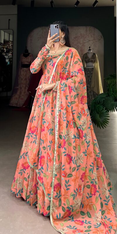 YNF 5010 Peach Color Georgette Floral Print With Lace Touch Up Gown Casual, Wedding, Festive, Events . Expected Delivery 4-6 Working Days @1849/- only | Gowns, Bollywood Gowns, Creative Gowns, Designer Gowns, Embroidered Gowns, Party Wear Gowns