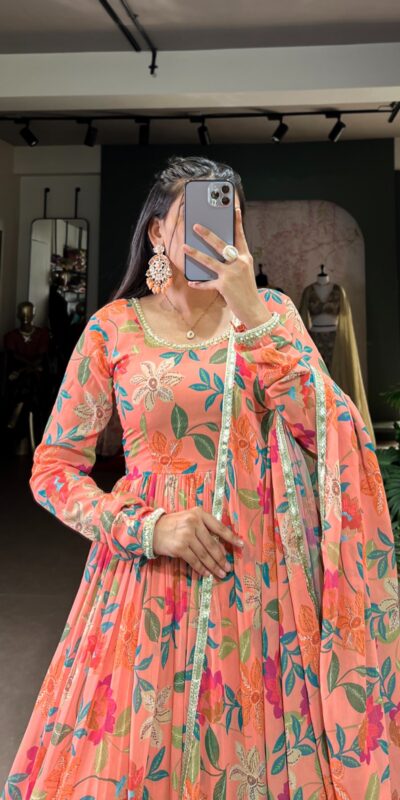 YNF 5010 Peach Color Georgette Floral Print With Lace Touch Up Gown Casual, Wedding, Festive, Events . Expected Delivery 4-6 Working Days @1849/- only | Gowns, Bollywood Gowns, Creative Gowns, Designer Gowns, Embroidered Gowns, Party Wear Gowns
