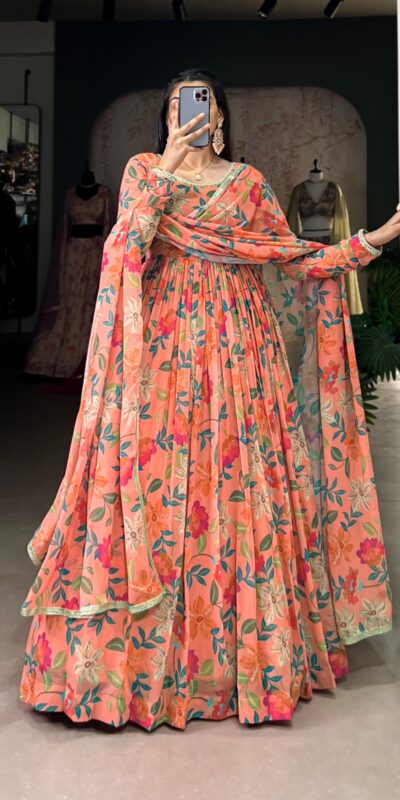 YNF 5010 Peach Color Georgette Floral Print With Lace Touch Up Gown Casual, Wedding, Festive, Events . Expected Delivery 4-6 Working Days @1849/- only | Gowns, Bollywood Gowns, Creative Gowns, Designer Gowns, Embroidered Gowns, Party Wear Gowns