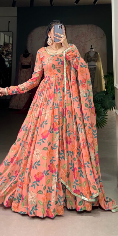 YNF 5010 Peach Color Georgette Floral Print With Lace Touch Up Gown Casual, Wedding, Festive, Events . Expected Delivery 4-6 Working Days @1849/- only | Gowns, Bollywood Gowns, Creative Gowns, Designer Gowns, Embroidered Gowns, Party Wear Gowns