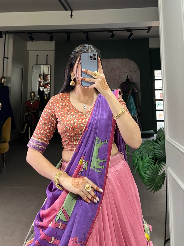 LNB 1235 Peach Color Tasar Silk Kalamkari With Foil Work Lehenga Choli Wedding, Party, Festive, Events Etc. Delivery 4-6 Working Days Rs 2499 | Lehenga, Bollywood Lehenga, Creative Lehenga, Designer Lehenga, Embroidered Lehenga, Party Wear Lehenga