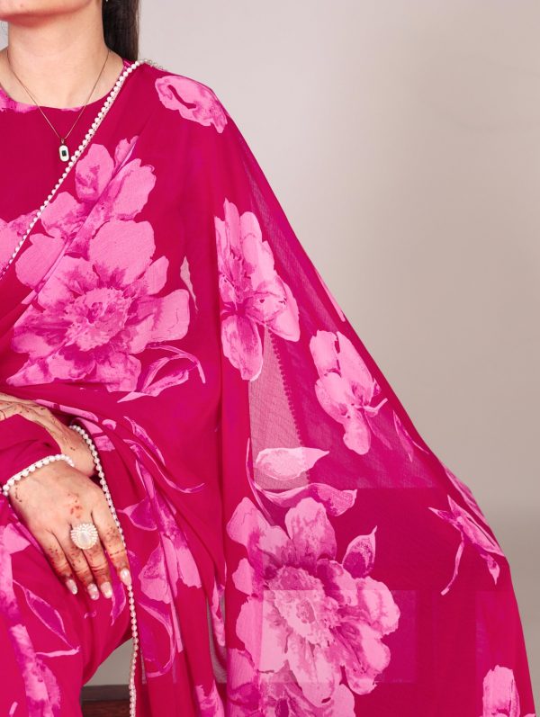 YNF 7011 Pink Color Chiffon Foral Printed Pearl Lace Border Saree Casual, Wedding, Festive, Events . Expected Delivery  4-6 Working Days @1499/- only                                                                                | Sarees, Bollywood Sarees, Creative Sarees, Designer Sarees, Embroidered Sarees, Ethnic Saree, Modern Digital sarees, Party Wear Sarees