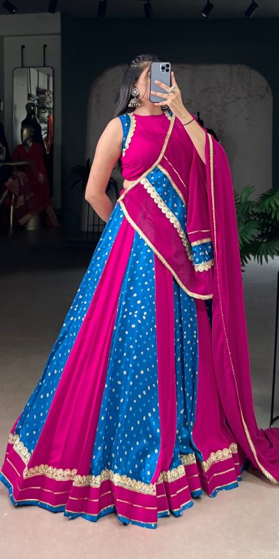 LNB 1673 Pink Color Tasar Silk Bandhej Print With Lace Touch Up Lehenga Choli Wedding, Party, Festive, Events Etc. Delivery 4-6 Working Days Rs 3099 | Lehenga, Bollywood Lehenga, Creative Lehenga, Designer Lehenga, Embroidered Lehenga, Party Wear Lehenga