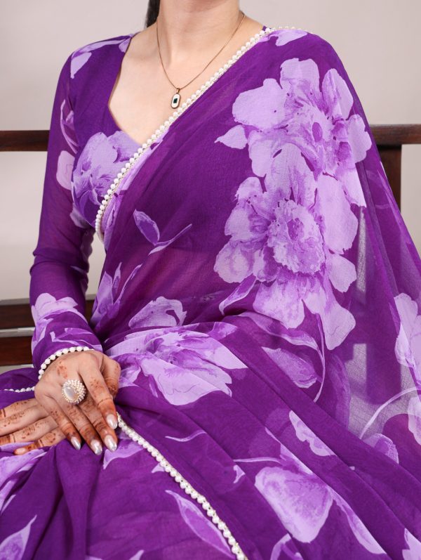 YNF 7011 Purple Color Chiffon Foral Printed Pearl Lace Border Saree Casual, Wedding, Festive, Events . Expected Delivery  4-6 Working Days @1499/- only                                                                                | Sarees, Bollywood Sarees, Creative Sarees, Designer Sarees, Embroidered Sarees, Ethnic Saree, Modern Digital sarees, Party Wear Sarees