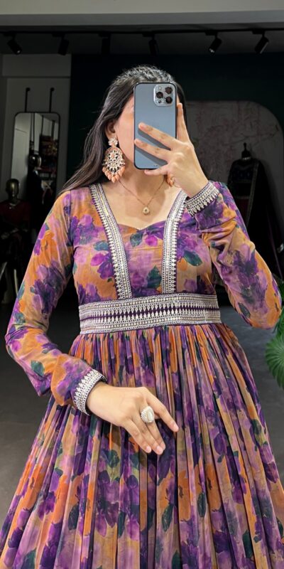 YNF 5019 Purple Color Georgette Floral print with Lace Border Gown Casual, Wedding, Festive, Events . Expected Delivery 4-6 Working Days @1799/- only | Gowns, Bollywood Gowns, Creative Gowns, Designer Gowns, Embroidered Gowns, Party Wear Gowns