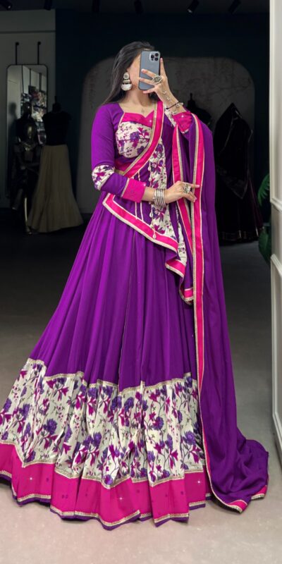 LNB 1618 Purple Color Printed And Original Mirror Hand Work With Lace Lehenga Choli Wedding, Party, Festive, Events Etc. Delivery 4-6 Working Days Rs 4249 | Lehenga, Bollywood Lehenga, Creative Lehenga, Designer Lehenga, Embroidered Lehenga, Party Wear Lehenga